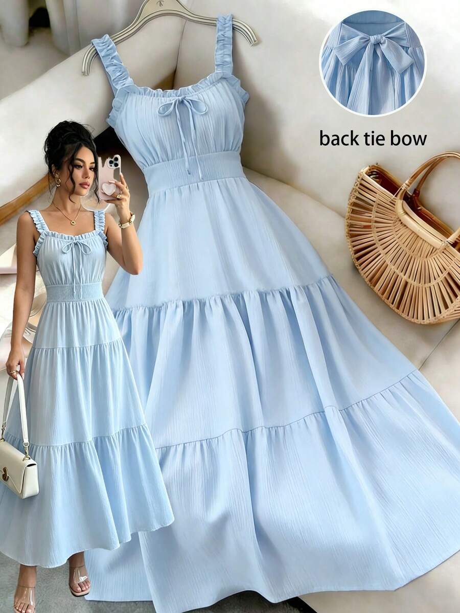 GlowEve Women's Fashionable Minimalist Ruffled Wide Strap Sleeveless New Dress, Spring/Summer - Baby Blue - View 1