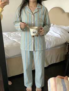 DAZY 2件組可愛狗圖案條紋對比滾邊女款睡衣套裝 - 藍色 - 查看 8
