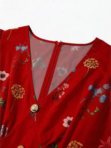 Rometta 大码女式复古法式V领碎花短袖连衣裙 - 紅色 - 查看 6