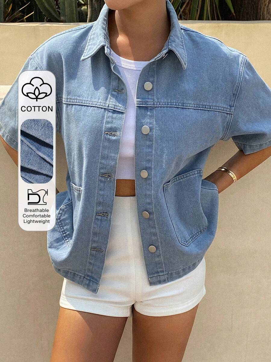 DAZY 女款休閒日常通勤簡約單排扣短袖牛仔襯衫,春夏季 - 藍色 - 查看 1