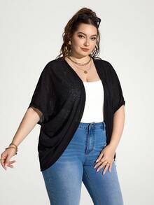Enliva Jolene.Mendez Plus Size Vacation Solid Color Asymmetric Hem Batwing Sleeve Casual Jacket,Spring/Summer, For Apple Rounded Body Shape - Black - View 6