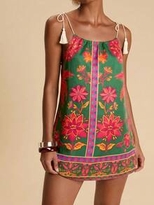 Travachic Women's Floral Print Shoulder Tassel Knot Strap Cover-Up Dress - Multicolor - View 3