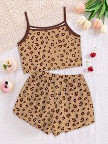 Young Girls Casual Simple Cute Cartoon Leopard Print Rabbit Graphic, Maillard Color Palette, Camisole Top And Shorts Loungewear 7th Birthday - Multicolor - View 3