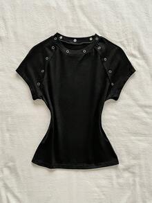 Attitoon 女款夏季休閒哥德風街頭風純色短袖T恤，適合夜店、演唱會、夜晚、黑色萬聖節 - 黑色 - 查看 5
