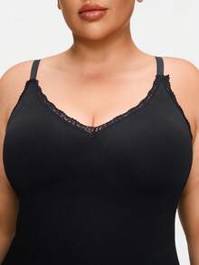 SHAPORA Plus Size Women Solid Color Lace Patchwork Bodycon Camisole Dress - Black - View 6