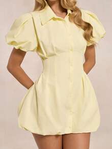 SHEIN BAE Spring/Summer Solid Pale Yellow Petal Sleeve Elegant Cute Mini Dress Blouse For Women Birthday - Yellow - View 7