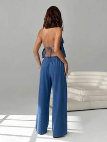 SHEIN EZwear 女款開衩設計掛脖上衣與長褲休閒牛仔套裝 - 藍色 - 查看 7