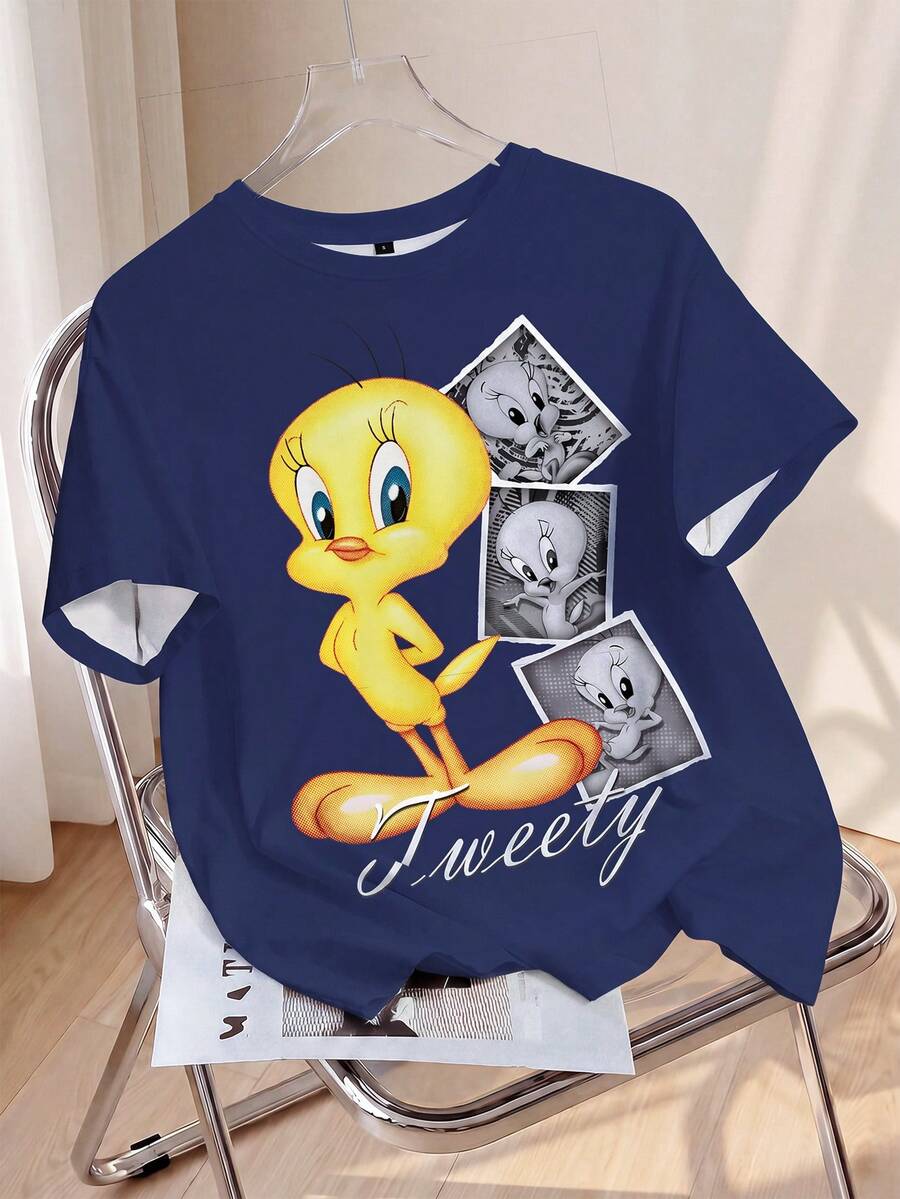 LOONEY TUNES X SHEIN 女士休闲字母卡通图案圆领短袖T恤,夏季 - 白色 - 查看 1