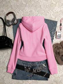 SHEIN Áo sweatshirt nữ dài tay in chữ, khóa kéo phía trước, kiểu dáng thường ngày. - Hồng - Xem 2