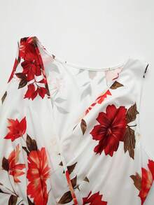 GlowEve CURVE Women's Plus Size V-Neck Floral Print Pleated Casual Party Beach Vacation Dress Red And White Summer - Red and White - View 3