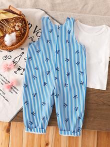 SHEIN Playful Pals 女嬰可愛直條紋滿版蝴蝶結印花前口袋休閒吊帶褲連身褲單件 - 藍色 - 查看 2