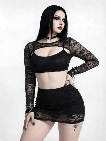 ROMWE Goth 女款透明長袖大尺碼性感罩衫