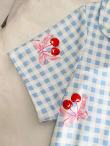 Sommer Herbst Mädchen Kleinkind Pyjama Set, weiches bequemes flammhemmendes Milchseidenstoff, modisches süßes Schleife Kirsch KaroMuster, blaue Revers Strickjacke Kurzarm lange Hose 2 Teile Loungewear - Blau - Übersicht 6