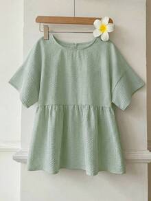 SHEIN EZwear 女款大尺碼條紋圓領短袖休閒上衣 - 薄荷綠 - 查看 4
