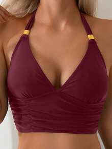 Swim Lushoire 女款小方金屬肩帶掛脖比基尼上衣 - 酒紅色 - 查看 5
