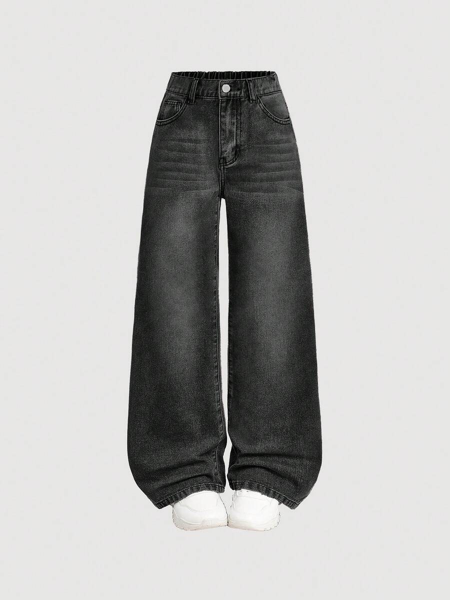 SHEIN Girlism 青少年女孩口袋鈕扣休閒百搭日常穿著牛仔褲 - 黑色 - 查看 1