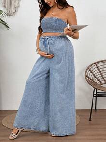 SHEIN Maternity Casual Fashion Vacation Style Ruched Cropped Denim Tube Top And Drawstring Waist Wide Leg Denim Pants 2pcs Set Summer Festival Graduation - Blue - View 7