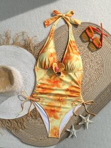 Swim Mod 女款夏季新款一件式泳衣，黃色漸層花卉隨機印花，3D花卉胸部細節，側面抽繩設計，度假海灘泳裝 - 黃色 - 查看 3