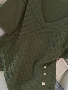 GlowEve CURVE Plus Size Casual Elegant Geometric Pattern Button V-Neck Knit Top Formal Morning Olive Green Summer - Green - View 6