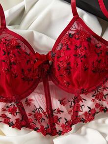Divavoom 女士花朵刺繡網布胸罩&內褲內衣套裝 - 紅色 - 查看 5