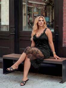 Calvaya Plus Size Sexy Elegant Deep V-Neck Lace Trim, Satin Drape Flowy, Casual Loose Fit, Versatile Daily Wear Women Dress Cocktail Black Summer - Black - View 6