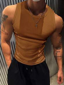 Manfinity Dauomo 男士纯色圆领无袖简约背心，休闲日常穿着 - 棕色 - 查看 5