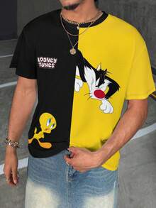 LOONEY TUNES X SHEIN Men's Contrast Color Patchwork Cartoon Print T-Shirt - White - View 4