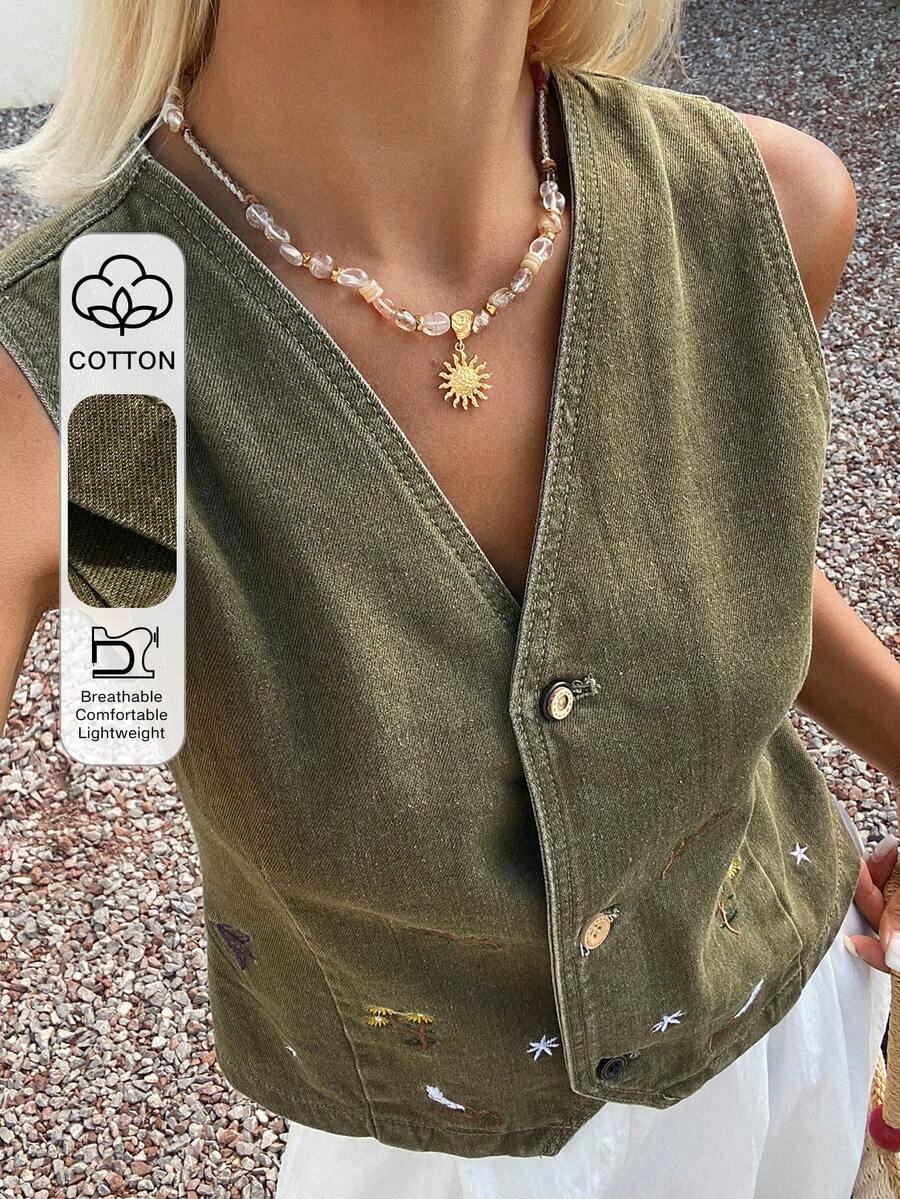 DAZY 女款無袖V領純色牛仔上衣 夏季度假 軍綠色 街頭風 2000年代 休閒 90年代 早午餐 橄欖綠 - 卡其色 - 查看 1