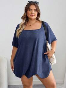 SHEIN CURVE+ Curve大尺碼女裝/秋季女裝/冬季女裝/大尺碼方領不對稱下擺口袋短袖T恤黑色上衣 8XL 6XL 5XL 大尺碼女裝上衣，女性度假穿搭秋季冬季CURVE PLUS - 藏蓝色 - 查看 4