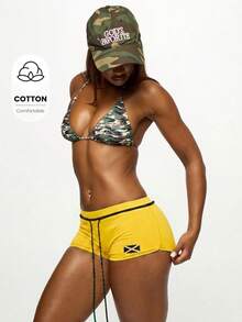 SUMWON WOMEN Jamaica Flag Print Drawstring Booty Summer Festival Shorts With Caribbean Island Theme - Yellow - View 1