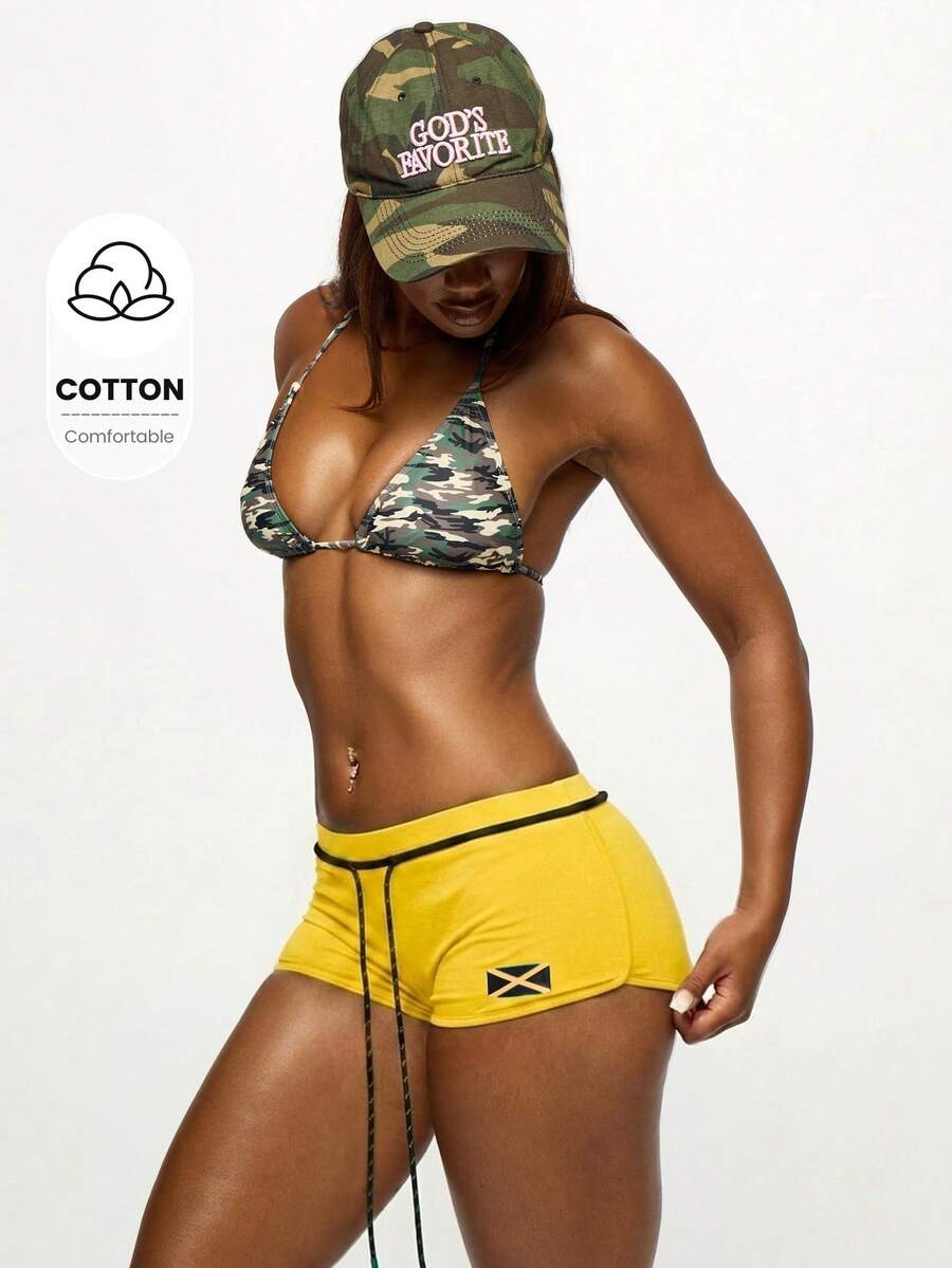 SUMWON WOMEN Jamaica Flag Print Drawstring Booty Summer Festival Shorts With Caribbean Island Theme - Yellow - View 1
