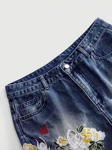 ROMWE MEN Pantalones cortos de mezclilla holgados con patrón bordado para hombres - Azul - Ver 4