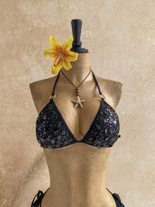 Soleia Vacation Beach Party Sexy Sequin Bikini Set Black Summer - Black - View 6