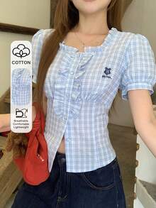DAZY 女款修身泡泡袖格紋印花襯衫，附荷葉邊飾，適合夏季校園穿搭 - 藍色 - 查看 1