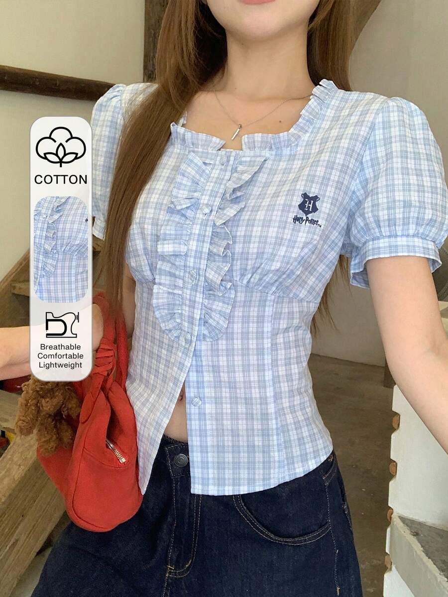 DAZY 女款修身泡泡袖格紋印花襯衫,附荷葉邊飾,適合夏季校園穿搭 - 藍色 - 查看 1