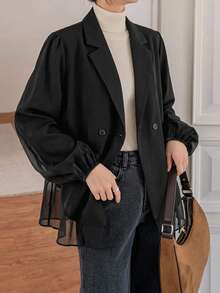 FRIFUL Women's Solid Color Lantern Sleeve Black Blazer,Oversized Jacket For Autumn,Chic Smart Office Business Attire,Fashionable Commuting Jacket - Black - View 7