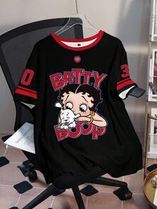Betty Boop x SHEIN 大尺碼女款黑紅配色拼接卡通圖案字母印花百搭T恤 - 白色 - 查看 3