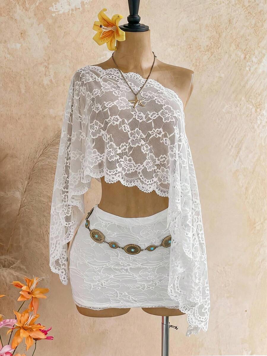 Soleia White Sequin Sheer Asymmetric Shoulder Loose Top + Ruched Waist Floral Skirt, Suitable For Party Beach, Vacation, Music Festival, Bohemian Style Boho - White - View 1