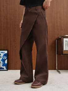 TOKVUE Pantalones largos casuales de unicolor con diseño asimétrico y bolsillos laterales para hombre - Café integral - Ver 3