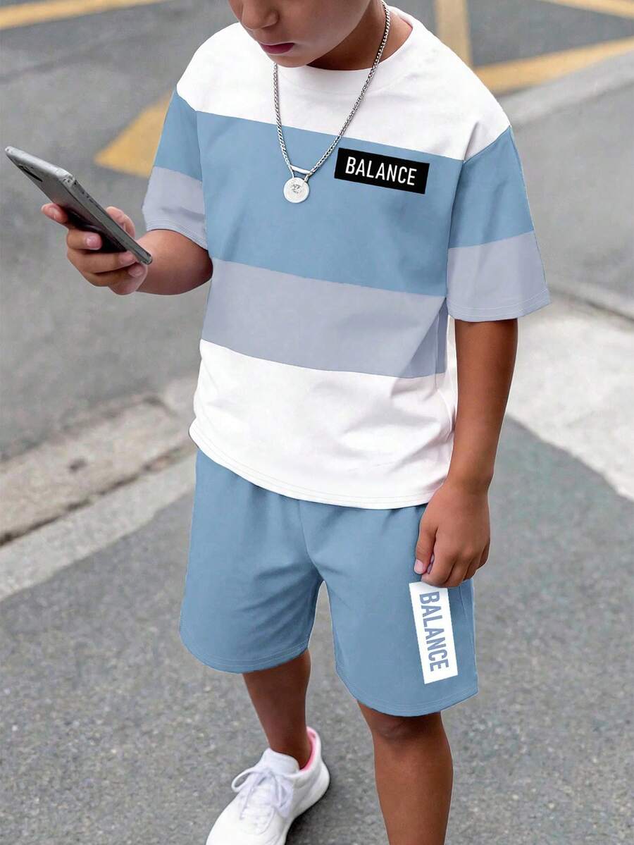 Tween Boy Casual Minimalist Short Sleeve Crew Neck T-Shirt And Shorts Set, Suitable For Summer, Classic Cool Square Split Pattern Print, Cool Exquisite Small Logo Text Pattern Print - White - View 1