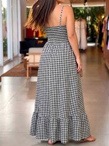 SHEIN LUNE CURVE Plus Size Women's Front Knot Plaid Elegant Cami Dress - Black - View 2