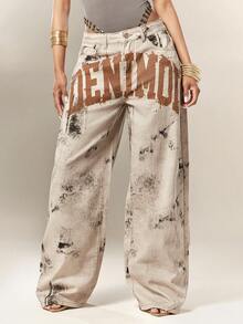 Denimoi Denim Verbiage Washed Straight Leg Jeans Fashionable Streetwear Statement Jeans Washed Jeans - Grey - View 2