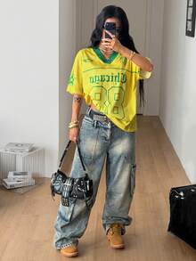 Coolane Women's Summer Y2K Sporty Streetwear Vintage Breathable Mesh Graphics Number Pattern Football Brazil Jersey T-Shirt Back-To-School Green And Yellow - Yellow - View 4