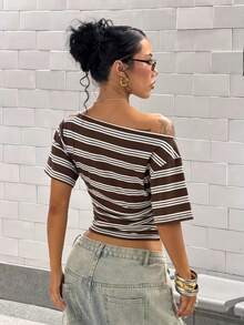 StreetHx Fashion Women's Multicolor Asymmetric Shoulder Striped Casual T-Shirt - Multicolor - View 2