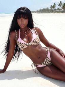 Amplova Women's Leopard Print Color Block Two Pieces Set, Sexy And Avant-Garde, Suitable For Vacation Outfits, New Arrival Festival Independence - Pink - View 1