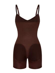 SHAPORA Women's Solid Color Spaghetti Strap Backless Romper Shorts - Coffee Brown - View 2
