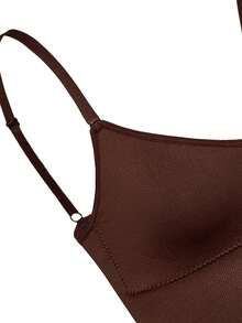 SHAPORA Women's Solid Color Spaghetti Strap Backless Romper Shorts - Coffee Brown - View 4