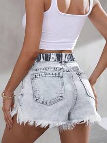 Breezaya Plus Size Women's Light Blue Washed Denim Frayed Hem Shorts Summer Vacation Date Night - Light Wash - View 2