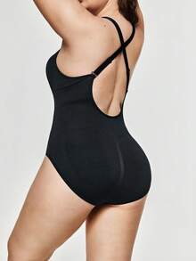 SHEIN Women's Plus Size Shapewear Seamless V-Neck Sexy Low Waist Backless Bodysuit Tummy Control Solid Color Shapewear Summer Hip Lifting Slimming Underwear - Black - View 3