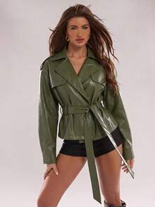 SHEIN BAE Damen einfarbige PU-Leder Langarm Modejacke - Grün - Übersicht 3